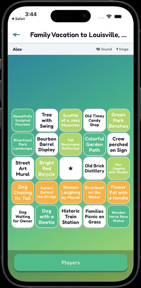 A Tingo board mid-game with 10 finds found and 1 tingo — some cells marked by you in green, some found by others, and a completed row in amber.
