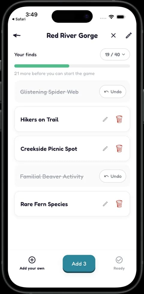 The find list for a Red River Gorge game in Tingo, 19 of 40 finds kept, with finds like Hikers on Trail and options to edit, trash, or undo each one.