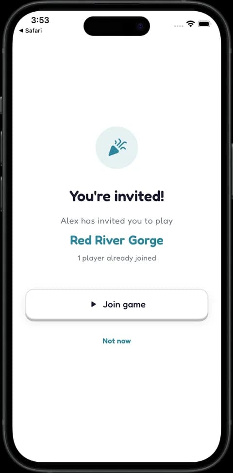 The You're invited screen in Tingo — Alex has invited you to play Red River Gorge, one player already joined — with a Join game button.
