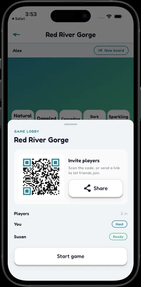 A Tingo game lobby with a QR code, a Share button, a player list showing the host and a ready player, and a Start game button.