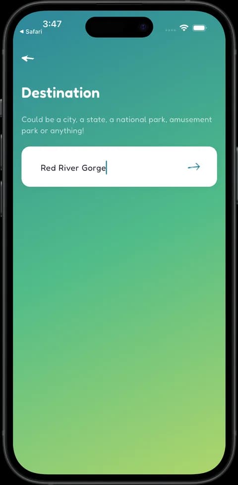 A game setup question in Tingo asking for a destination — 'could be a city, a state, a national park, amusement park or anything' — with Red River Gorge typed in.