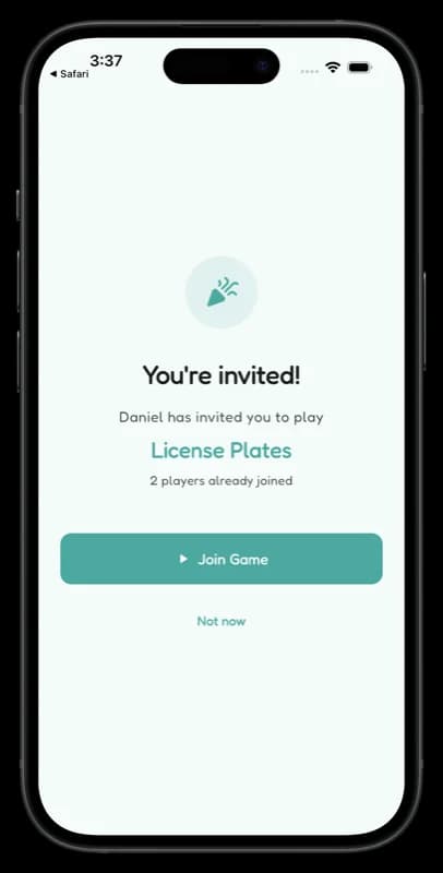 An invitation screen in Tingo: 'You're invited! Daniel has invited you to play License Plates' with a Join Game button.