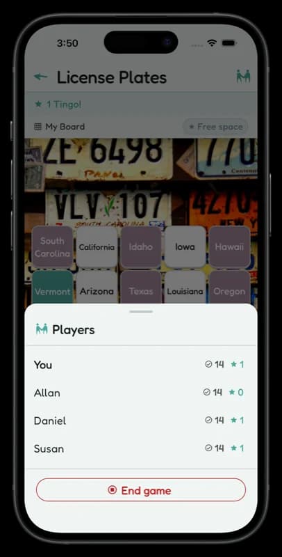 A Tingo leaderboard showing players You, Allan, Daniel, and Susan with their scores in a License Plates game.